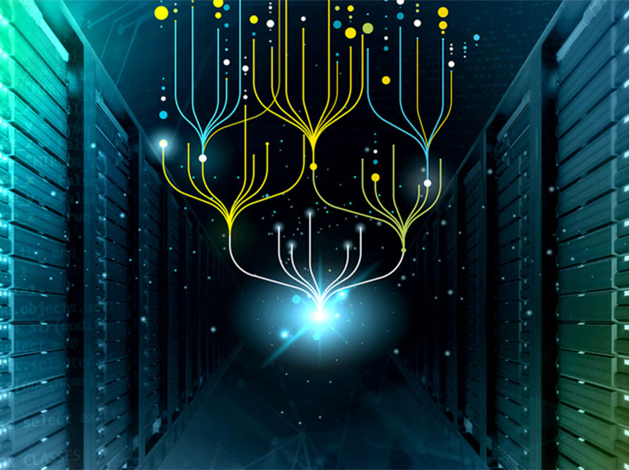 Illustration of data flowing from server racks with branching yellow and white lines representing connections or neural networks, converging towards a glowing point